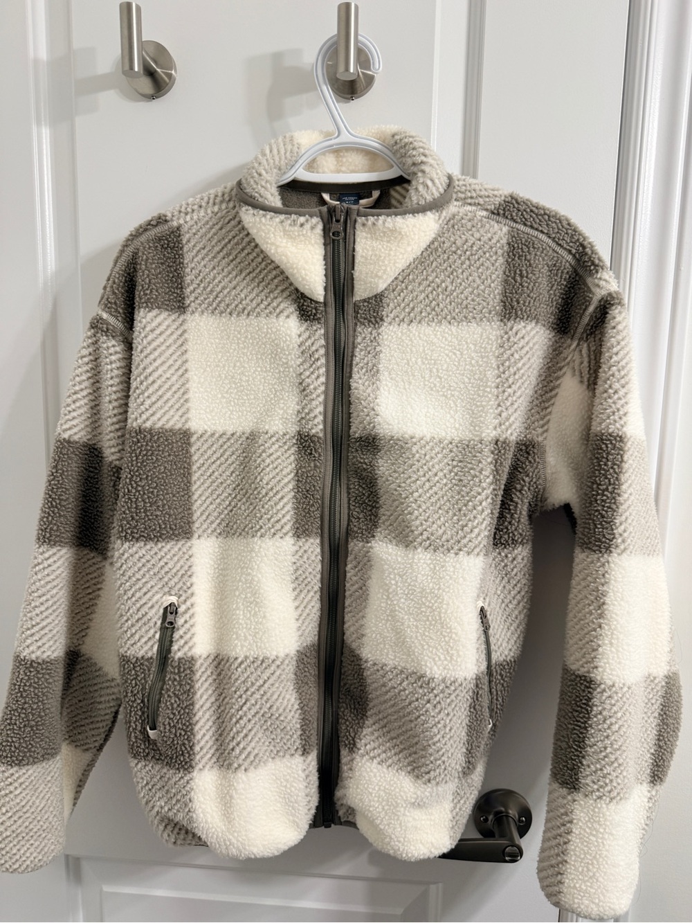 Joe Fresh Cream & Gray Plaid Sherpa Zip Jacket